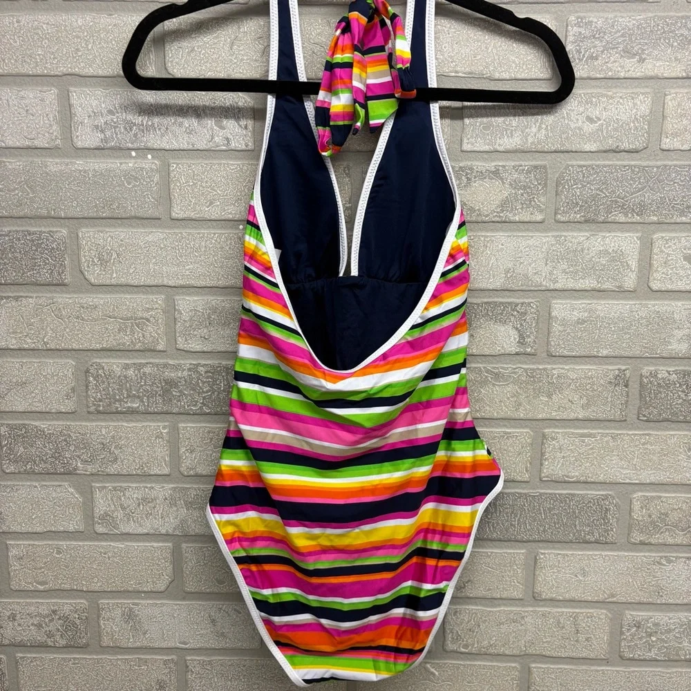 Trina Turk Striped Halter One Piece Swimsuit Size 6 Pink Multi - Picture 3 of 10